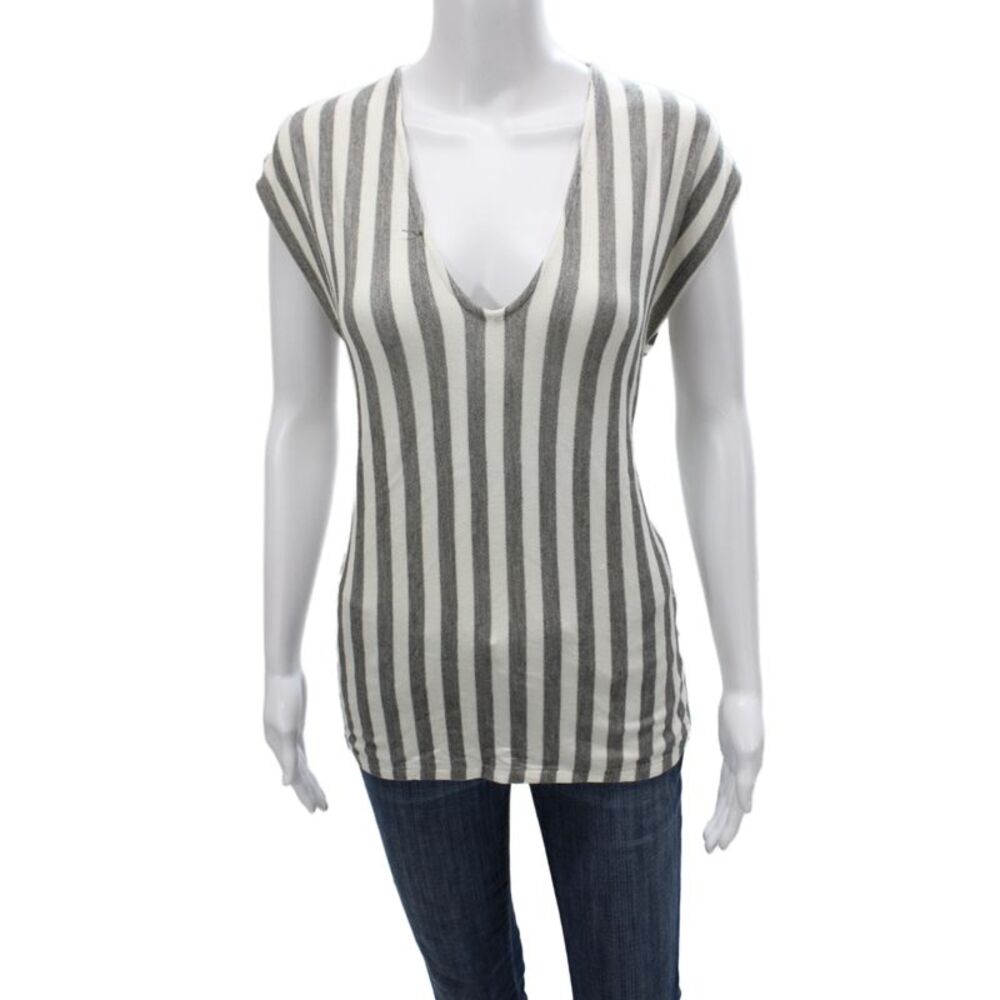 Alice + Olivia Women V Neck Striped Gray Basic T Shirt Size XS
